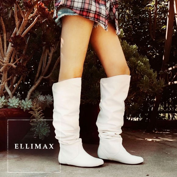 NEW🔥 White Slouch Flat Pull On Boots Over The Knee & Knee High Faux Leather - Picture 2 of 2
